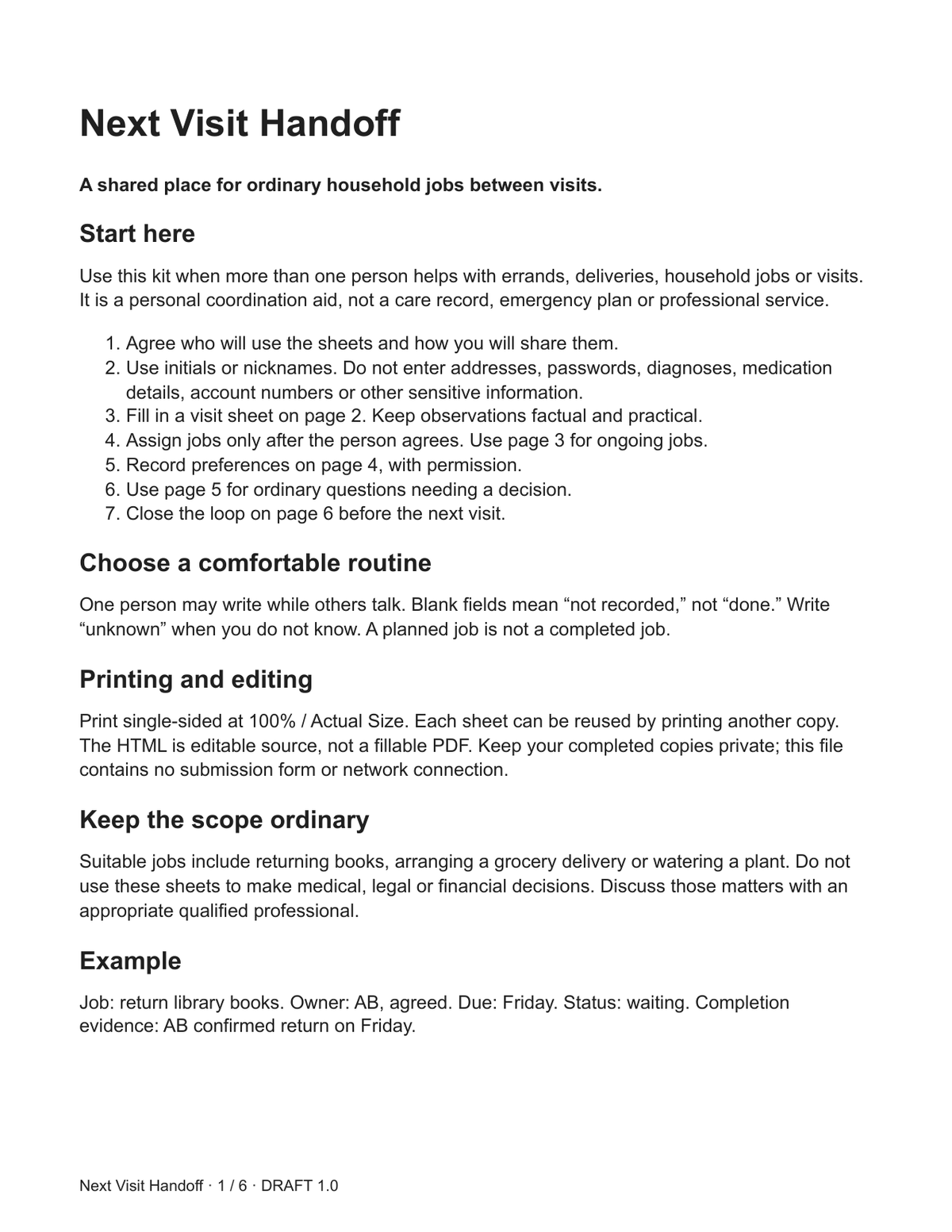 Next Visit Handoff printable household coordination sheets preview