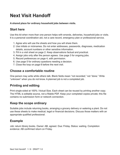 Next Visit Handoff printable household coordination sheets preview